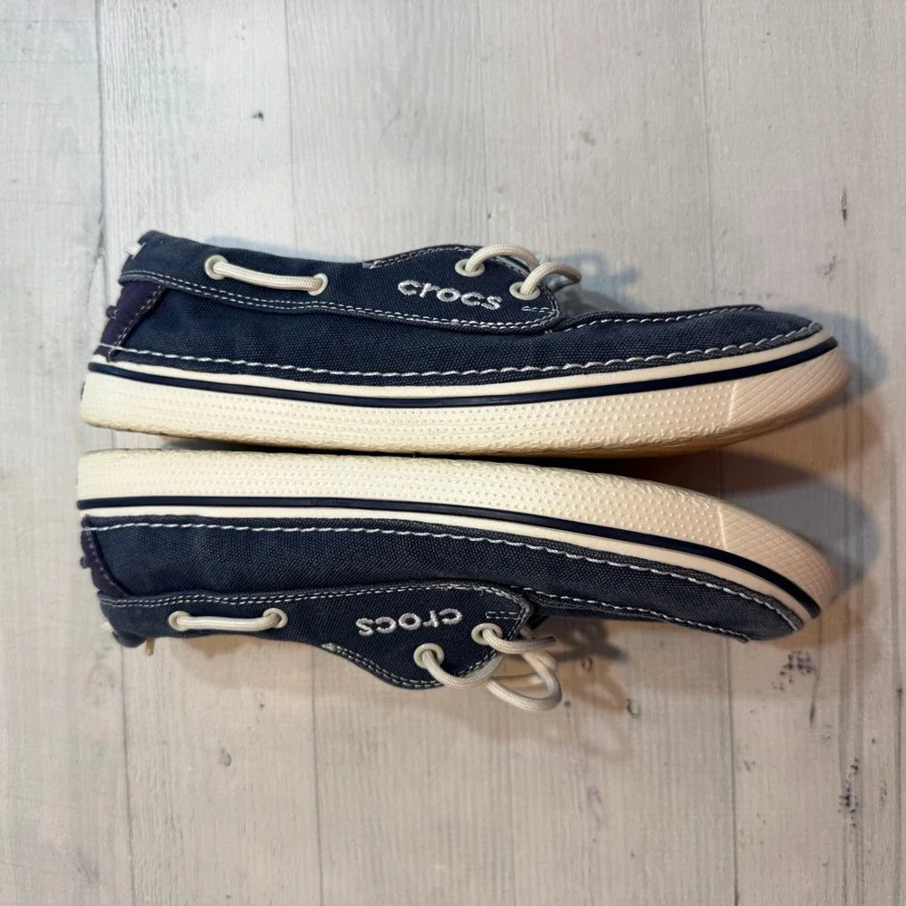 Crocs Hover Boat Shoe Nautical Navy Blue Canvas Lace Up Loafers Slip On Womens 9